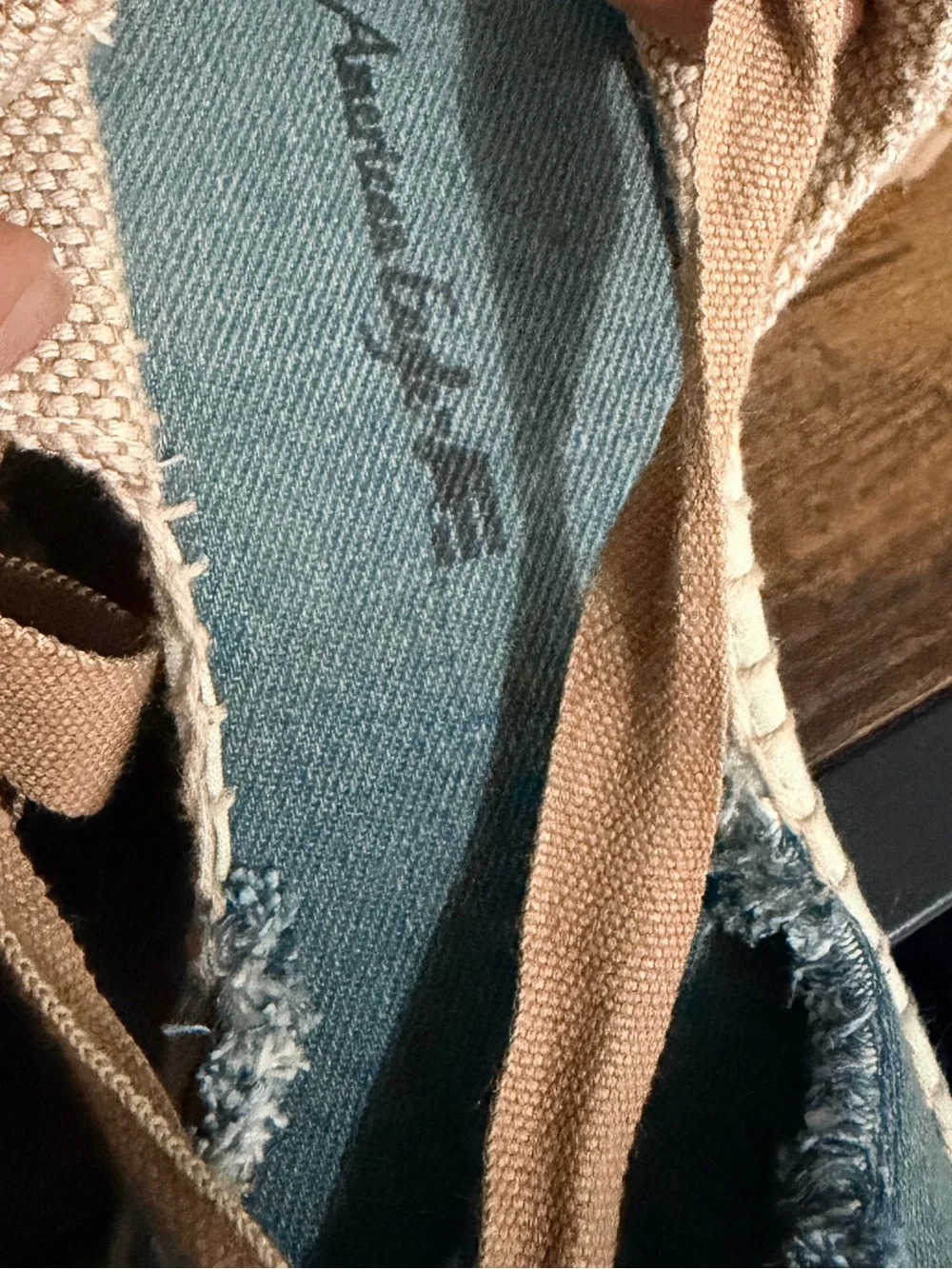 Toms Blue Canvas Espadrille Wrap Sandals with Brown Ties